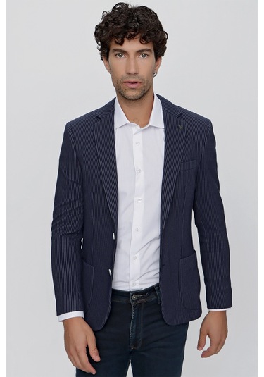 Morven Erkek Örme Çizgili Slim Fit Torba Cep Ceket 2009 Lacivert