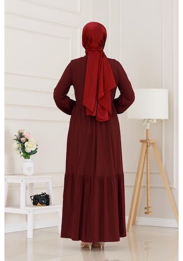 Gömlek Yaka Beli Tünelli Sare Elbise-bordo-5067 Bordo
