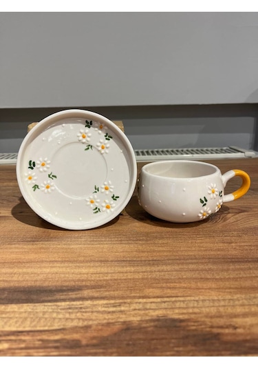 Seramik El Yapımı Fincan Takımı 2'li Set Üçlü Papatya Desenli Beyaz - Sarı