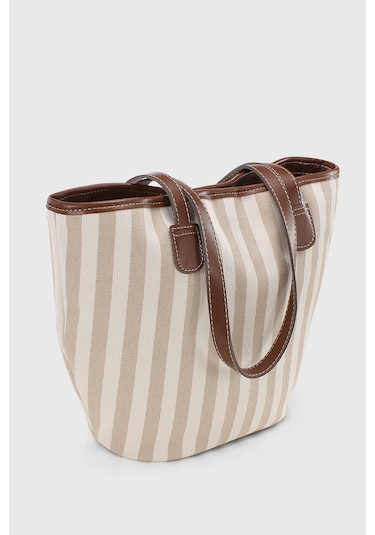 Housebags Krem Çizgili Deri Askılı Plaj Çantası Krem Çizgili