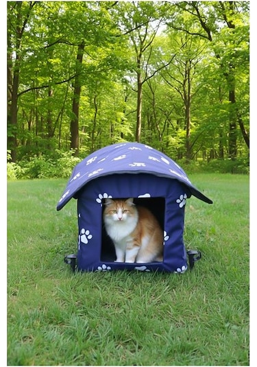 Yuga Pati Desenli Lacivert Kedi Evi Isı Ve Yağmur Korumalı