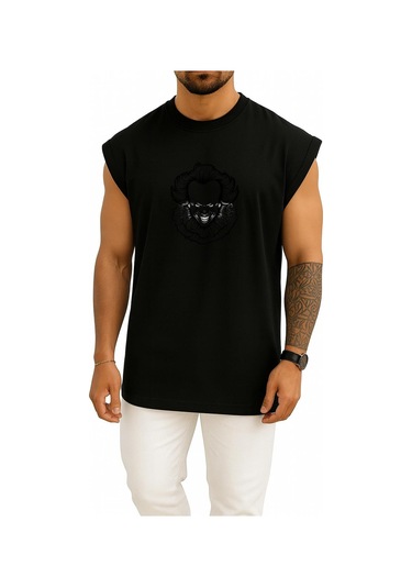 Oversize Pennywise Çizim Göğüs Baskılı Atlet SIYAH