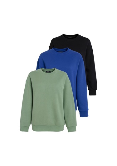 Mint Yeşili/siyah/saks Bisiklet Yaka Basic 3'lü Paket Sweatshirt Mg2595 Çok Renkli