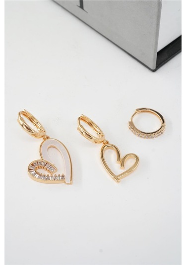 Kadın Vip Seri Zirkon Taşlı Mineli Kalp Model 3'lü Küpe Seti Çok Renkli