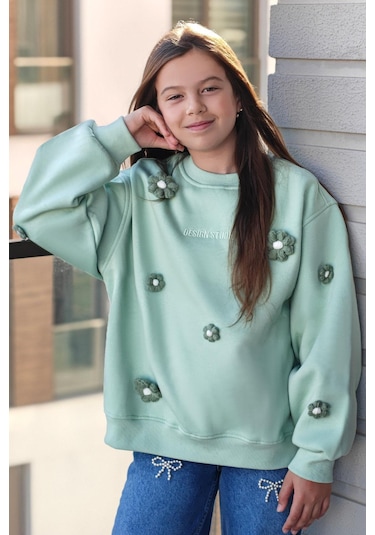 Locoloco Kız Çocuk Sweatshirt Çiçek Motifli 9-14 Yaş, Su Yeşili Su Yeşili