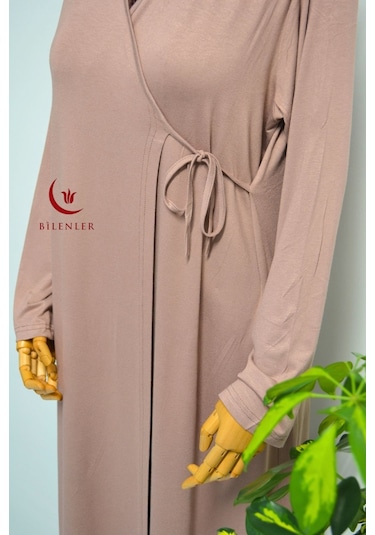 Kadın Yandan Bağlamalı Pamuklu Penye Namaz Elbisesi 38-48 Beden Vizon