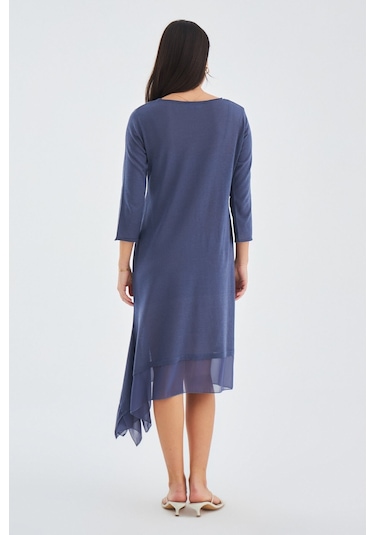 Peraluna Bol İnce Yazlık Şifonlu Kadın Triko Elbise Gri - Mavi