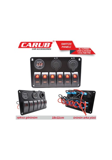 Carub Anahtar Switch Paneli 6 Lı Voltmetre + Usb + Çakmak Kırmızı Işıklı 18x11 Cm Br4630153