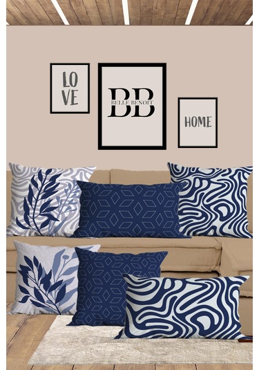 Belle Benoit Yılbaşı Baskılı Dikdörtgen 6'lı Koltuk Kırlent Kılıfı Lacivert - Beyaz