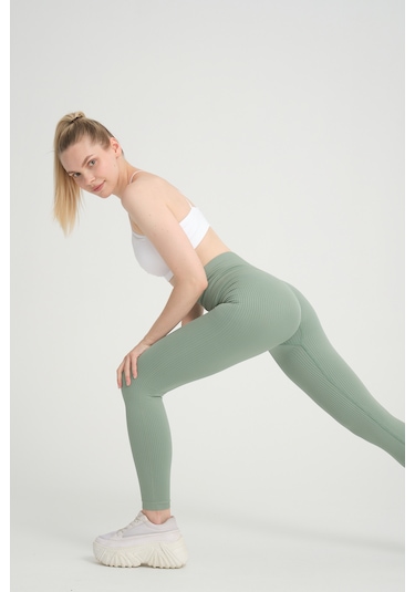 Yeşil Kalçası Büzgülü Premium Fitilli Ekstra Push Up Tayt Yeşil