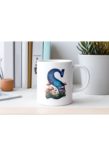 S Baş Harfi Fantastik Mantarlı Kupa Bardak - Kişiye Özel Masalsı Bardak - Hediye Beyaz