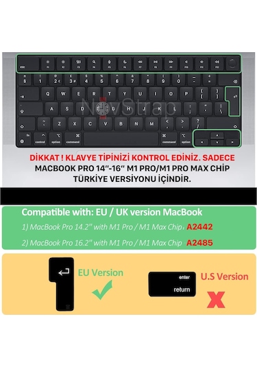 Apple Uyumlu MacBook Pro 2021 14 Inç A2442 Klavye Koruyucu Kılıf Siyah