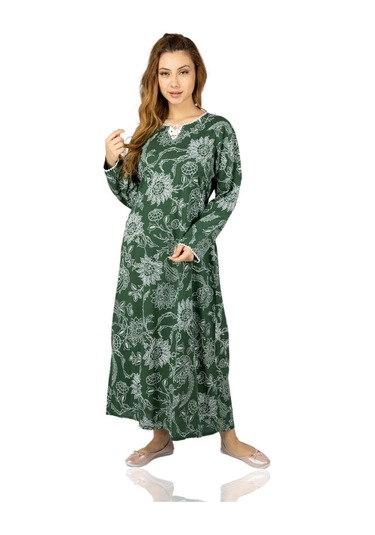 Uzun Kol Şile Bezi Baskılı Uzun Elbise Çınar Desen Yeşil