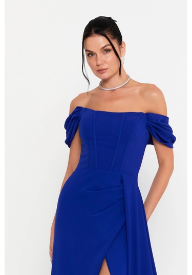 Doridorca Kadın Straplez Korseli Kol Detaylı Derin Yırtmaçlı Uzun Abiye Elbise 5136 Saks Saks