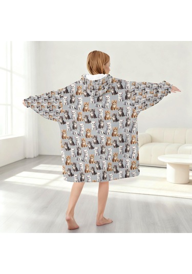 Cat Desenli Çocuk Giyilebilir Battaniye Hoodie, Oversize Kalın Polar, 6-13 Yaş-a60 Cat Variety Gray