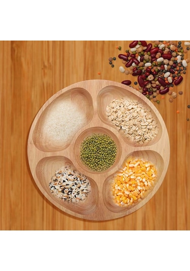 Yuvarlak Bölmeli Tabak, Alt Izgara Tabak Ahşap Yuvarlak Şekilli Yiyecek Bölmeli Tabak Tatlı Atıştırmalık Alt Izgara Tabak Sofra Takımı Tepsi