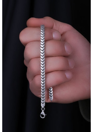 Encili Silver 925 Ayar Gümüş Özel Tasarım Esnek Model Erkek Bileklik Gümüş