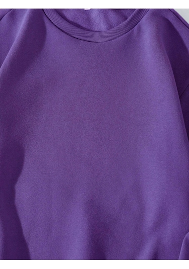 Unisex Oversize Bisiklet Yaka Basic Düz Sweatshirt - Mor