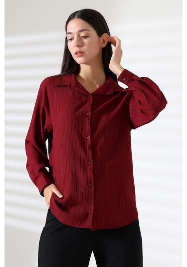 Ribana Regular Fit Uzun Kollu Durres Dokulu Kadın Gömlek Bordo Ribana Regular Fit Uzun Kollu Durres Dokulu Kadın Gömlek Bordo