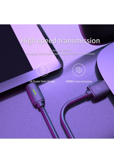 Suofeng Wsken Element Y1 2m Siyah Nylon Kablo, 5a Süper Hızlı Şarj + Veri Transfer, Rgb Led Işık, Type-c Tüm Cihazlar İçin