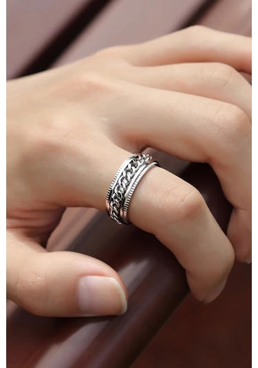 Ortası Dönebilen Zincirli Erkek Kadın Anti-stres Çelik Alyans Yüzük Cl43 Gümüş - Gri