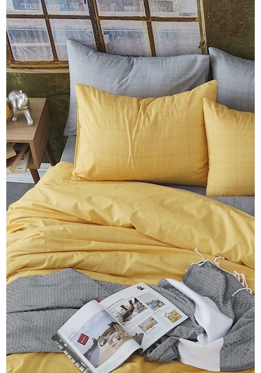 BonjardinHome Tek Kişilik Çift Taraflı Nevresim Takımı %100 Pamuk Sarı Gri
