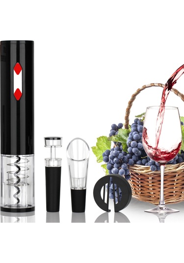 Reedark Şarap Açma Seti - Otomatik Mantar Çekme, Döküm Başlığı Ve Vakum Tıpası İle Pratik Kullanım Siyah
