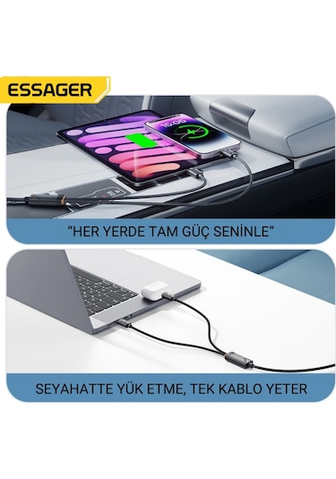 Essager 1.2 Metre 100w 2in1 Type C To 2x Type C Şarj Ve Data Kablosu, Çift Cihaz Desteği, Dayanıklı Örgülü Tasarım,
