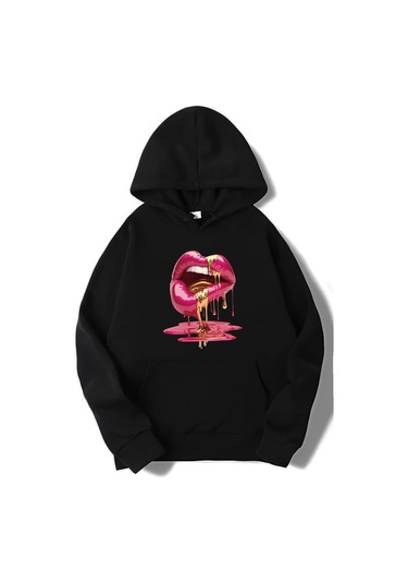 Brz Collection Unisex Oversize Casu Lip Dudak Hoodie Siyah Siyah