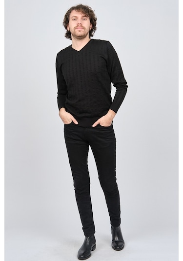 Desen Triko Erkek V Yaka Yün Kazak 0249626 Siyah Siyah