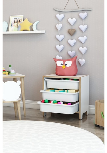 3 Sepetli Çok Amaçlı Oyuncak Dolabı Mdf Beyaz Beyaz