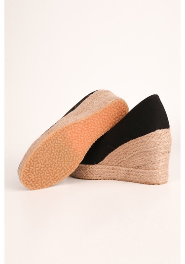 Siyah Platformlu Keten Dolgu Topuk Siyah 1490