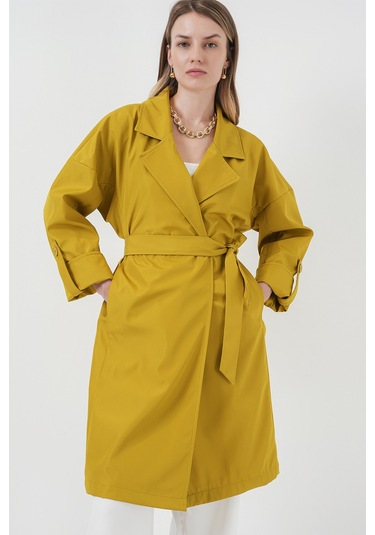 9104 Kruvaze Yaka Astarlı Trençkot - E.yeşil Yeşil