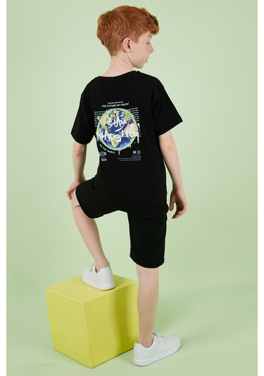 Lela Pamuklu Baskılı Bisiklet Yaka Kısa Kollu Şortlu Erkek Çocuk Takım 6212010 Siyah