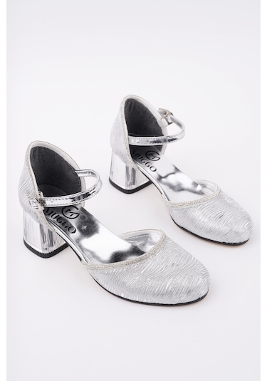 Muggo Else Bilekten Bağlamalı Simli Kız Çocuk Kısa Topuklu Ayakkabı Gümüş