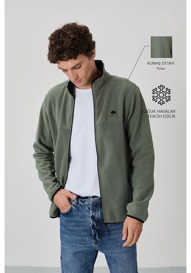 Tommy Life Çağla Yazı Nakışlı Dik Yaka Fermuarlı Standart Kalıp Erkek Sweatshirt Polar - 87992 Çağla