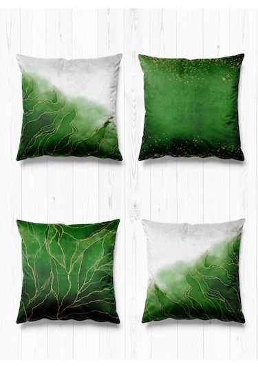 Çift Tarafı Farklı Desenli Süet 4'lü Kırlent Kılıfı-Altın Yeşil Mermer