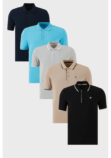 Buratti Pamuklu Slim Fit Şerit Detaylı Düğmeli Polo Yaka 5'Li Paket Erkek T Shirt 5902118S5 G Melanj-Aqua Mavi-Vizon-S Beyaz-Lacivert Bordo