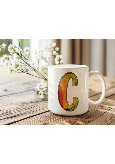 C Harf Yaprak Renkleri İle Kupa Bardak - Kişiye Özel Alfabe Harfli Bardak - Hediye Beyaz