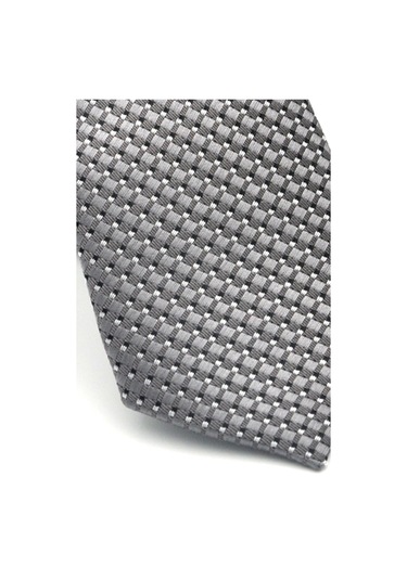 Beyaz Küçük Kare Desenli Gri Dokuma Kumaş Mendilli Slim Fit Kravat // Sdk-2511-4 Gri