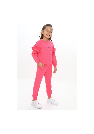 Kız Çocuk 2'li Takım Baskılı Bisiklet Yaka Reglan Kol Fırfırlı Sweatshirt & Beli Paçası Lastikli Cepli Jogger Eşofman Altı - 2 İplik Fuşya