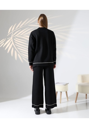 Kontrast Dikişli Kadın Triko Takım Siyah