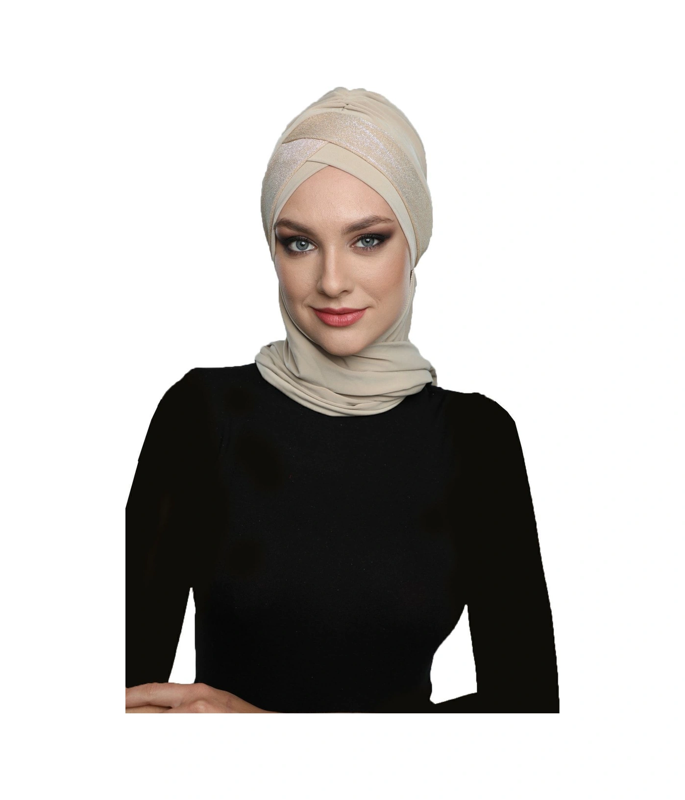 Çapraz Pike Atkılı Astarlı Bej Hazır Türban Tesettür Bone Bej