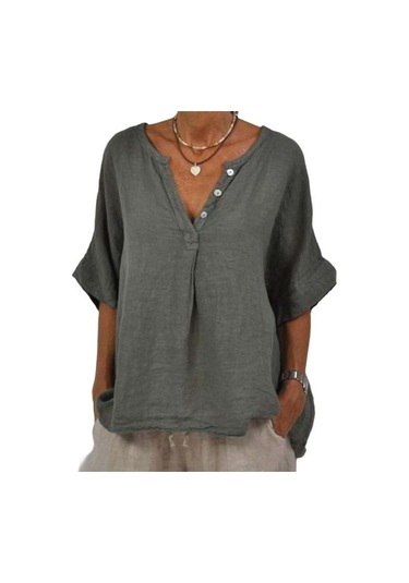 Pamuk Keten Kadın Gömlek V Yaka Düğmeli Yarım Patlet Yarım Kol Nefes Alabilir Bol Gri