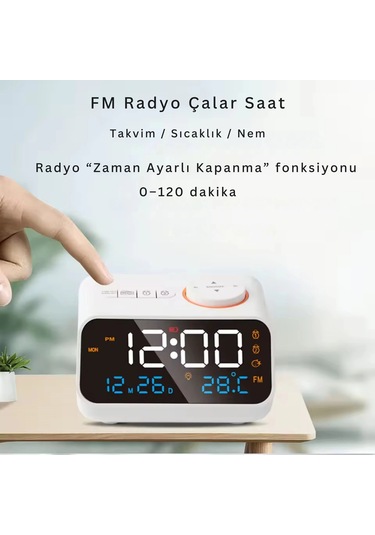 Shopytech Fm Radyo Dijital Çalar Saat Led Ekranlı Masa Saati Sıcaklık Nem Göstergesi 2 Usb Şarj Çıkı Beyaz