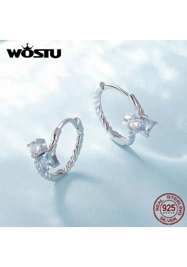 Wostu 925 Ayar Gümüş Narin Mavi Ve Beyaz Kübik Zirkonya Büküm Hoop Küpe Kadınlar İçin Takı Hediye