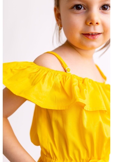 Oliventhekid Omuzdan Fırfırlı Poplin Kız Çocuk Tulum Sarı Sarı