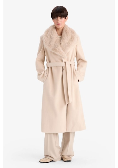 Defacto Regular Fit Suni Kürk Yaka Kuşaklı Kaşe Uzun Kaban F2811ax25wner128 Ekru-er128