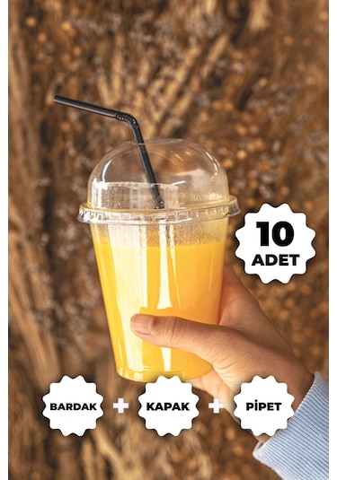 Plastik Milkshake Bardağı Kapak Pipet 12 Oz 350 Cc - 10 Adet