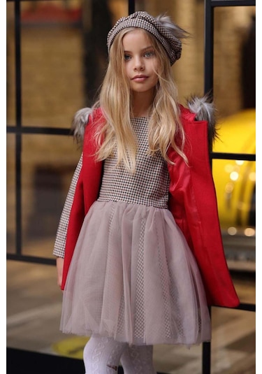 Riccotarz Kız Çocuk Üzeri Kare Desenli Eteği Tüllü Elbise Kürk Detaylı Kolsuz Kırmızı Kaşe Kırmızı